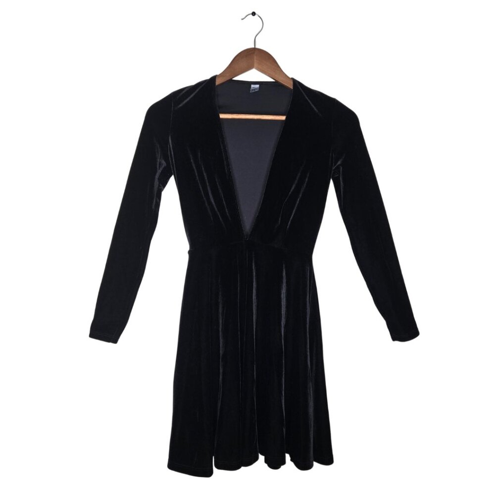 American Apparel Black Velvet Deep V Skater Dress